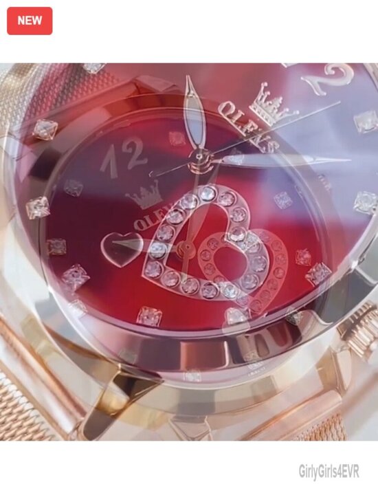 Small Rose Gold Tone Watch - Diamond Heart Dial, Japanese Quartz, Mesh Bracelet